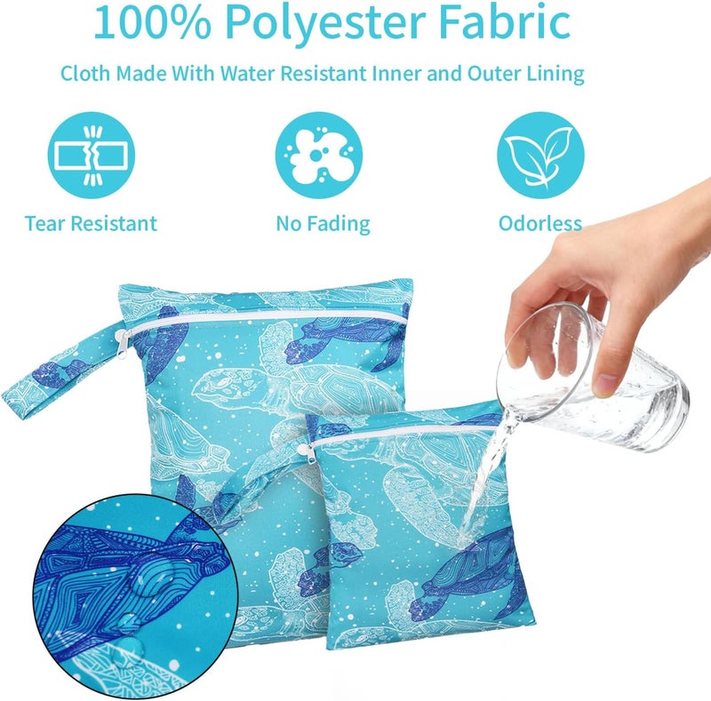 CoolaPeach 2 Pcs Wet Bags Waterproof Reusable Zippered Pocket Cloth Diaper Wet Dry Bags for Travel Beach Pool Swim, Baby Diapers,Gym Yoga Wet Clothes,Swimsuit,water wipes(Blue turtle) - Image 3